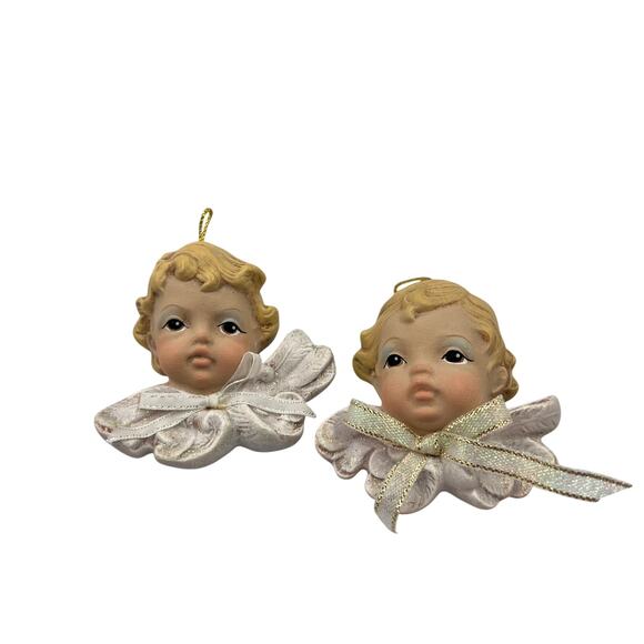 Vtg Set 2 Ceramic Angel Cherub Head Christmas Ornaments Just Ducky Mary Handmade - Picture 2 of 4